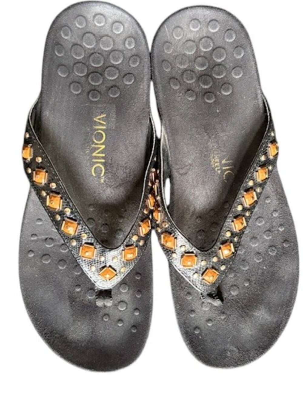 Vionic Floriana Toe Post Beaded/Riveted Sandal - Black/Caramel - 9